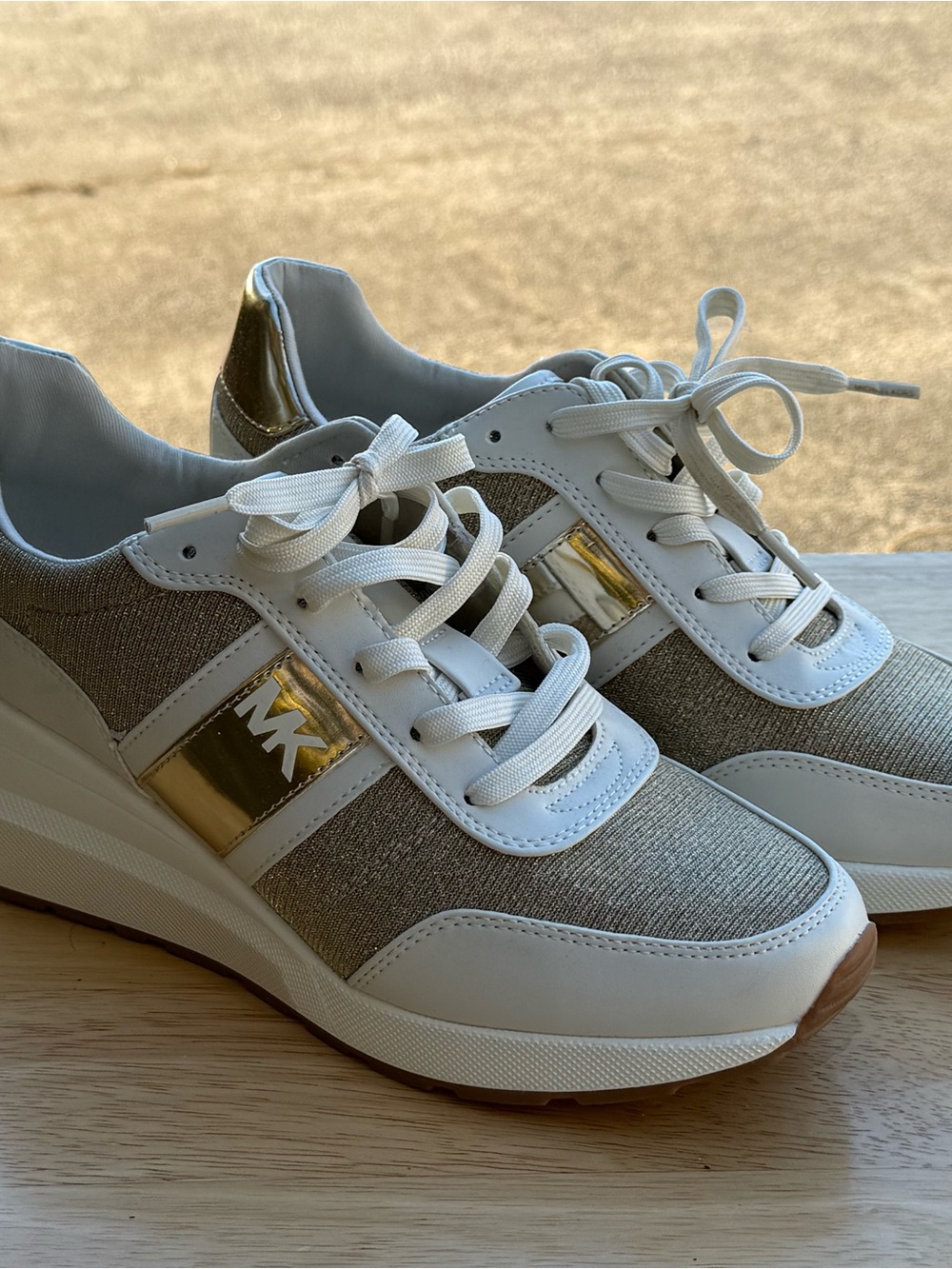 Michael Kors White and Gold Women's Wedge Sneakers